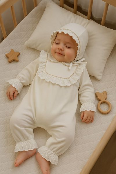 Minytrendy Baby Girl Newborn Jumpsuit Vintage Gold Lurex Scalloped Hospital Release Mevlüt Bonnet Suit Baby Forty