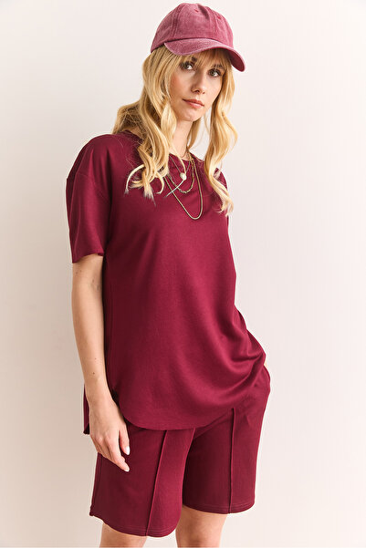 Olalook Women's Burgundy Top Oval T-Shirt Bottom Pocket Shorts Set Tkm-19000303