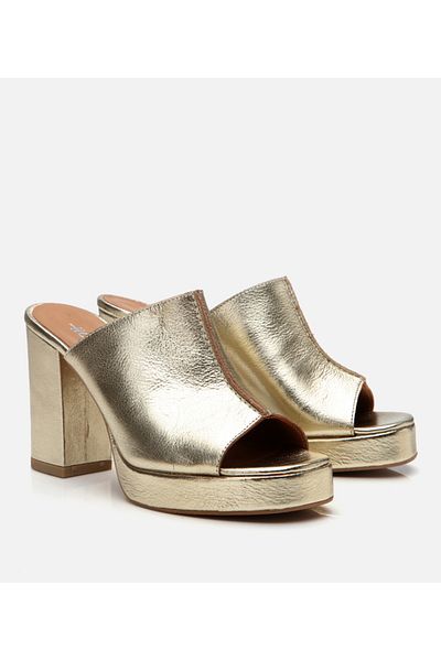 Hotiç Women's Leather Gold Thick Heeled Slippers
