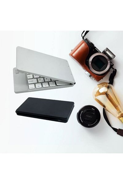 REDz Accessories Mini Duo-Fold Keyboard, Bluetooth, 90mAh Capacity, Slim and Foldable, Metal, White