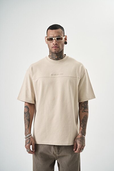 Respire Erkek Reconnaissance Nakışlı Oversize T-Shirt Bej