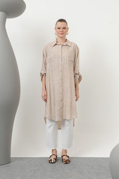 Puane Women's Shirt Collar Long Tunic with Front Pocket and Robe at the Back - 10639