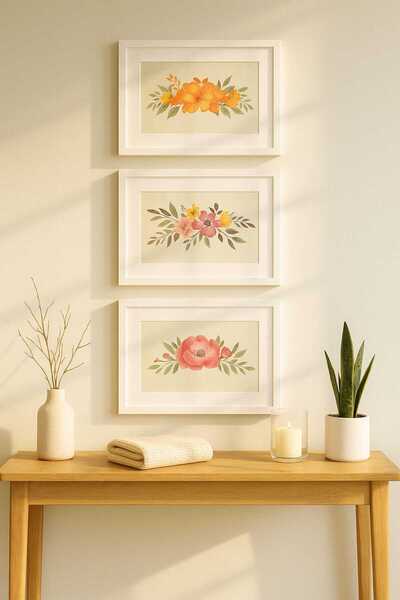 Tuğra Sanat Galerisi Camlı 3’lü Dekoratif Tablo Seti 25x35 Beyaz Çerçeve Ve P...