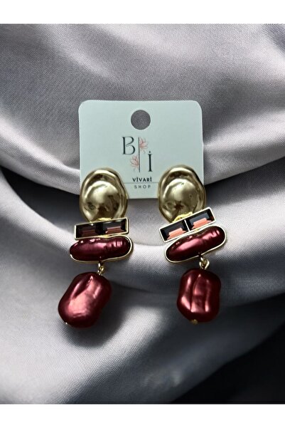 Gold ve Bordo Renkli Sallantılı Küpe