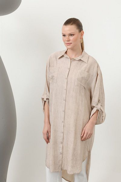 Puane Women's Shirt Collar Long Tunic with Front Pocket and Robe at the Back - 10639