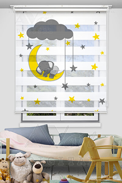 Avart Digital Ay Dede Ve Uyuyan Yavru Fil Baskılı Zebra Perde - Çocuk Odası P...