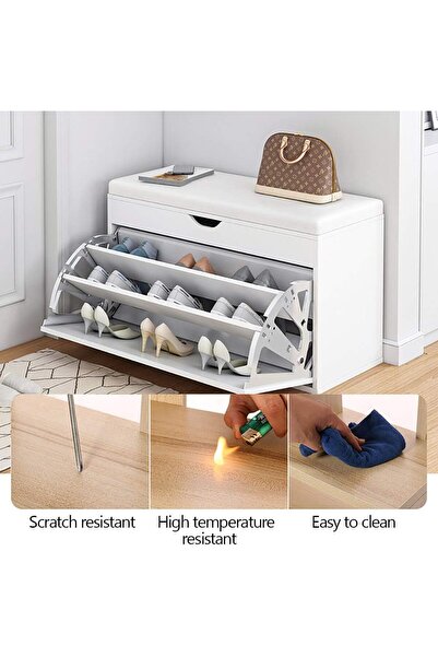 1st 100x50x34 Shoe Cabinet with Flip-Top Drawer and Padded Leather Seat with Side Shelves White