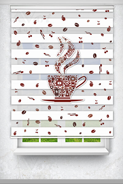 Avart Digital Kahve Ve Fincan Baskılı Perde - Coffee Cup - Mutfak Perdesi - B...
