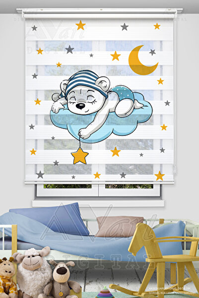 Avart Digital Sevimli Uyuyan Ayıcık Baskılı Zebra Perde - Çocuk Odası Perdesi...