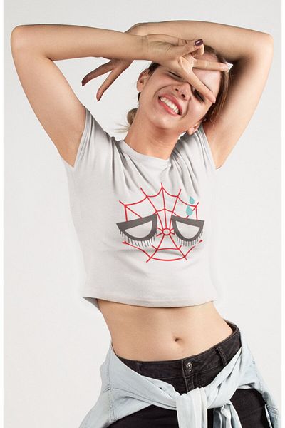 Fuddy Moda Θλιμμένο Spider Face Printed Crop Top, Γυναικεία Crop Μπλούζα με θέμα Spider Universe