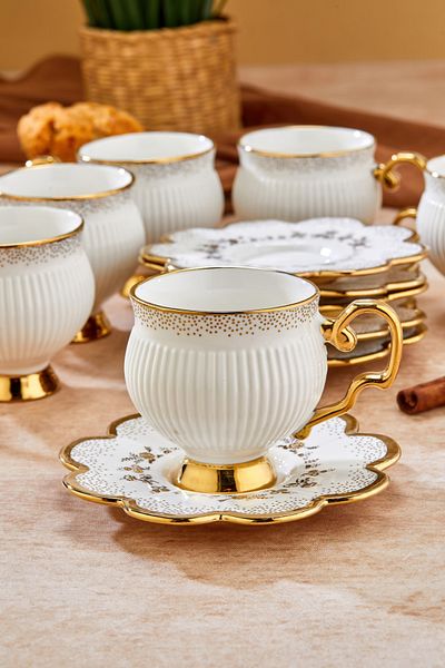 Yaren Style 90 ml Porcelain 6-Piece Coffee Cup Set - Stylish Design Gold Gilded Modern Cup Set