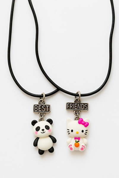 MakeWell 2li Panda Hello Kity Kalp Tasarımlı Deri İpli 2li Best Friends Kolye...