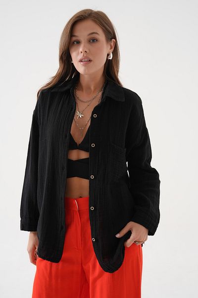 QAWWA Cămașă oversize și cu mâneci lungi și culoare uni și cu nasturi pentru femei