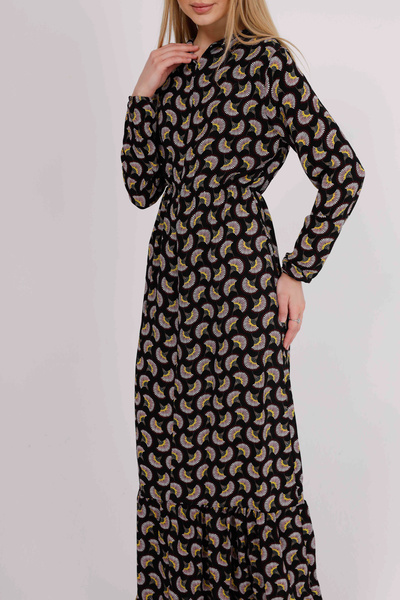 GAVLİA Φόρεμα με μαύρο φλοράλ σχέδιο με ελαστική μέση και πουκάμισο γιακά