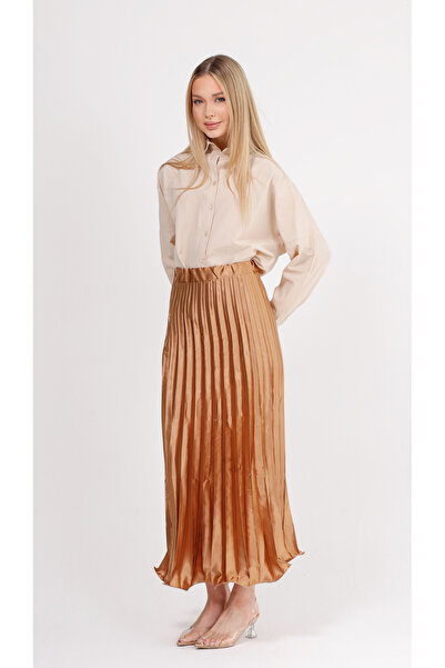 GAVLİA Satin Orange Pleated Long Skirt
