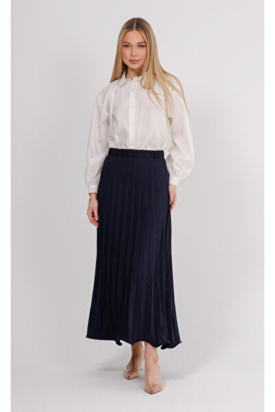 GAVLİA Fusta lungă plisată din satin bleumarin