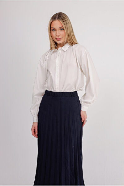 GAVLİA Fusta lungă plisată din satin bleumarin