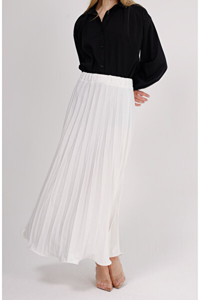 GAVLİA Satin White Pleated Long Skirt