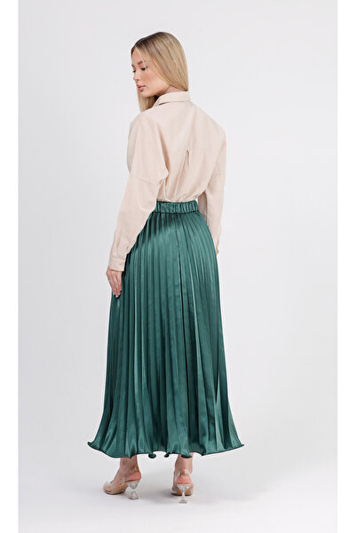 GAVLİA Satin Emerald Green Pleated Long Skirt