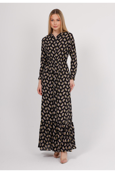 GAVLİA Φόρεμα με μαύρο φλοράλ σχέδιο με ελαστική μέση και πουκάμισο γιακά