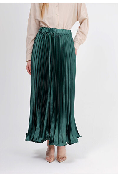 GAVLİA Satin Emerald Green Pleated Long Skirt
