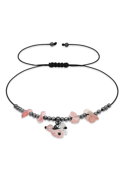 Tesbihane Macrame Braided Natural Cut Rose Quartz Natural Stone Anklet