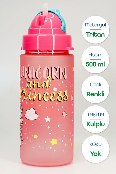 Telvesse Children's Water Bottle Tritan Water Bottle with Straw Neck Strap Unicorn School Water Bottle Bpa-Free 500ml Pink T0106