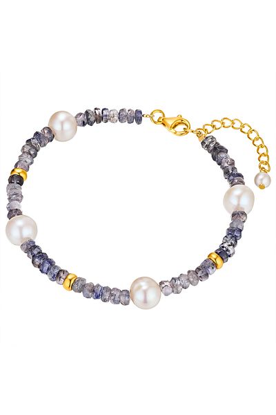 Valero Pearls Perlenarmband Armband Sterling Silber gelbgold Süßwasser-Zuchtperle weiß Kyanit blau
