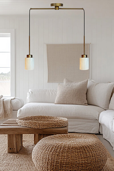 Bamyum Tiny Beyaz Cam İkili Metal Çubuk Avize İnce Eskitme Başlık Retro Sarkıt Lamba Salon Aydınlatma