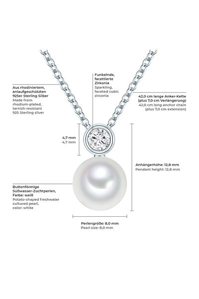 Valero Pearls Silberhalskette Kette ve Anhänger Sterling Silber Süßwasser-Zuchtperle weiß Zirkonia weiß