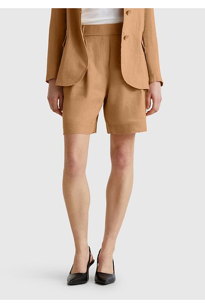 United Colors of Benetton Women's Beige 100% Linen Back Waist Elastic Pleated Relax Fit Bermuda Shorts