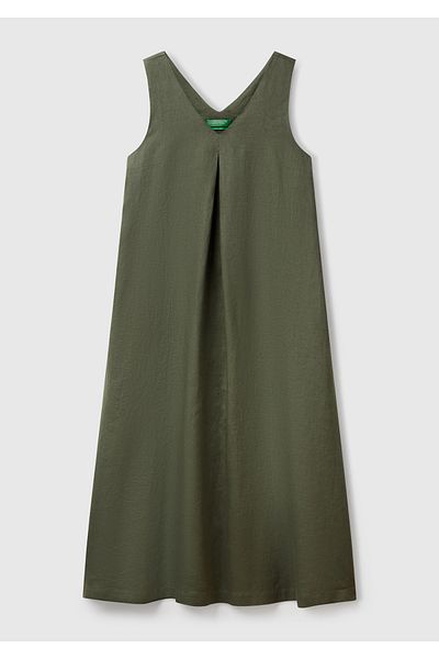United Colors of Benetton Women's Khaki 100% Linen V-Neck Sleeveless A-Line Midi Dress
