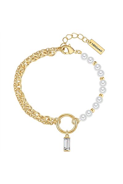 YOKOAMİİ Modeschmuckarmband Armband Gelbgold Muschelkernperle Weiß Zirkonia Weiß