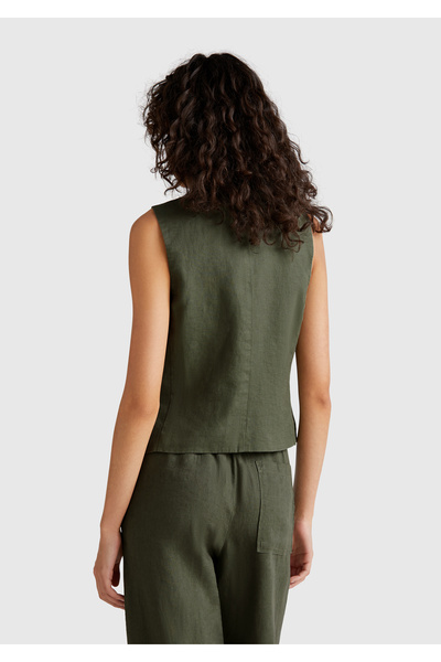 United Colors of Benetton Women's Khaki 100% Linen Front Button Buttoned V-Neck Vest