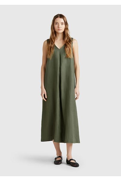 United Colors of Benetton Women's Khaki 100% Linen V-Neck Sleeveless A-Line Midi Dress