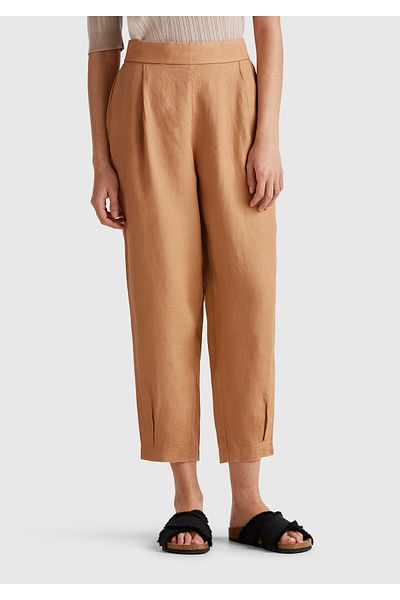 United Colors of Benetton Women's Beige 100% Linen Back Waist Elastic Tight Leg Relax Fit Trousers