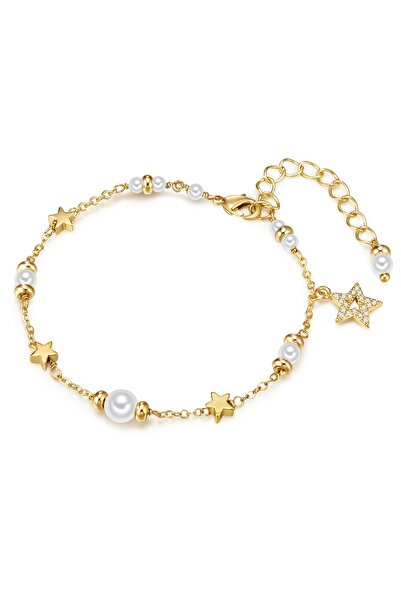 Lulu & Jane Perlenarmband Armband gelbgold Muschelkernperle weiß