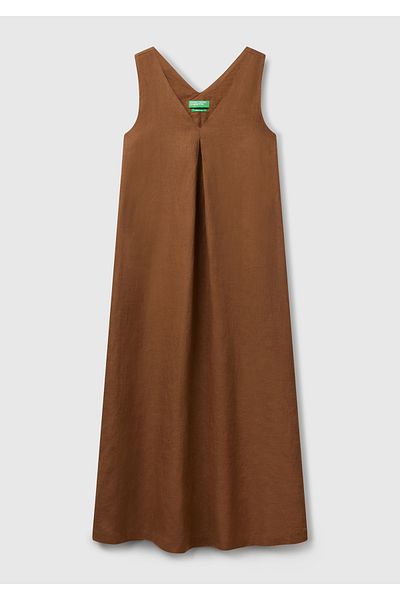United Colors of Benetton Women's Brown 100% Linen V Neck Sleeveless A-Line Midi Dress