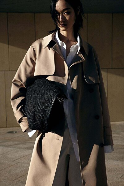 H&M معطف ترنش مزدوج الصدر من قماش قطني مائل