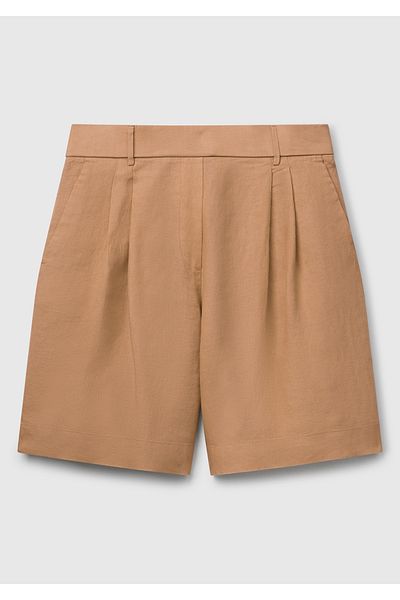United Colors of Benetton Women's Beige 100% Linen Back Waist Elastic Pleated Relax Fit Bermuda Shorts