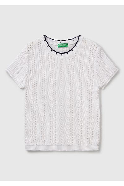 United Colors of Benetton Women's White 100% Cotton Slim Fit Short Sleeve Sweater