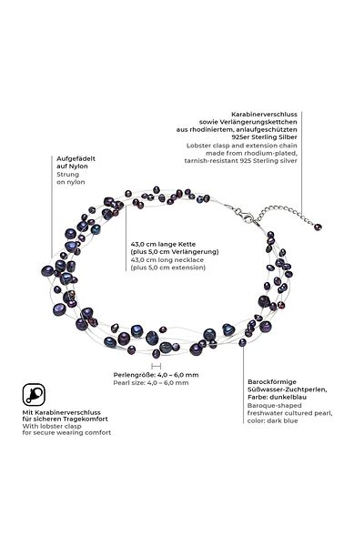 Valero Pearls Perlenhalskette Kette Sterling Silber Süßwasser-zuchtperle Dunkelblau