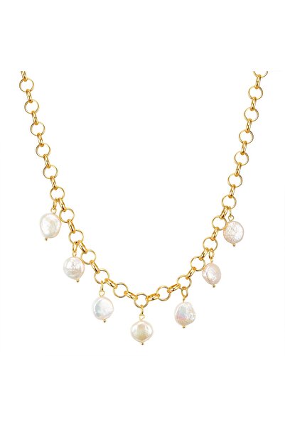 Lulu & Jane Modeschmuckhalskette Kette gelbgold Süßwasser-Zuchtperle weiß