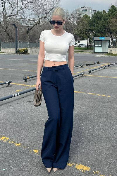 Madmext Navy Blue Belted Wide Leg Trousers MG1992