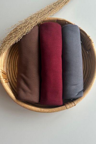 Merve Nayir 3-Piece Combed Cotton Shawl Set Jersey Shawl Lycra Shawl Jersey Hijab Lycra Hijab (Brown - Burgundy - Anthracite)