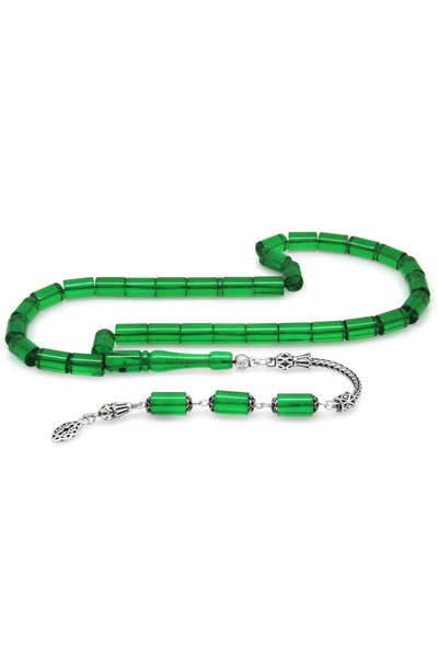 Tesbihane Ροζάριο από ασήμι 925 με φούντα και κομμένο πράσινο κεχριμπάρι