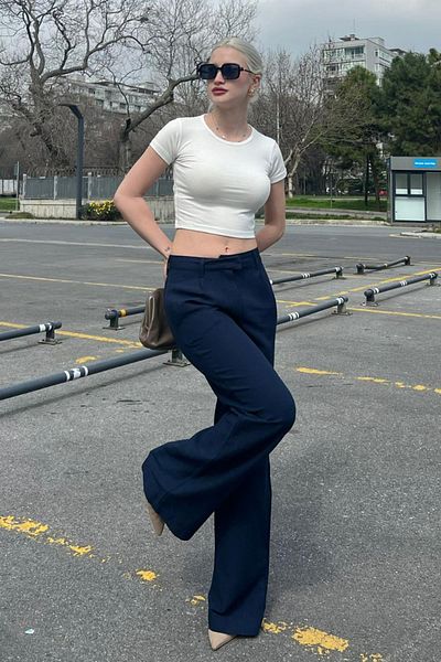 Madmext Navy Blue Belted Wide Leg Trousers MG1992