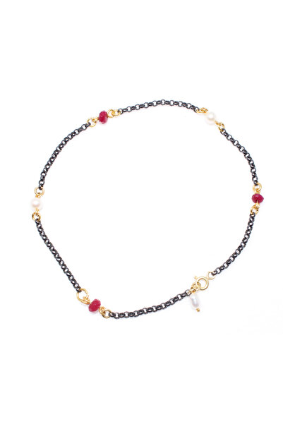 Nusret Takı 925 Ayar Gümüş İnci Yakut Taşlı Halhal, Siyah