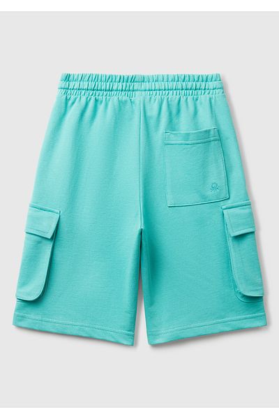United Colors of Benetton Boy's Mint Green Elastic Waist Logo Printed Patch Pocket Bermuda Shorts