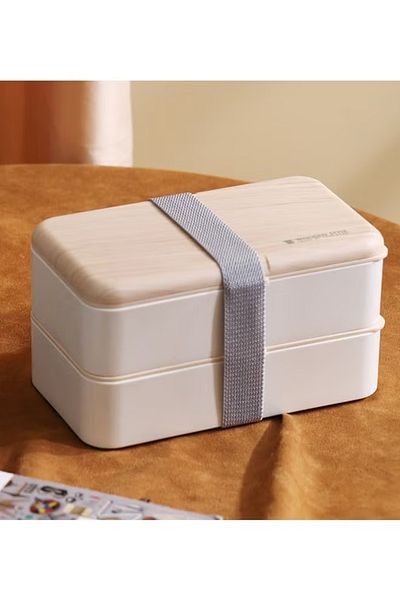 COOYA Double-Layer Lunch Box with Chopsticks and Spoon, Natural Wood, Suitable for Camp and Fish, White